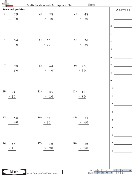 Multiplication Worksheets - Multiplication with Multiples of Ten  worksheet